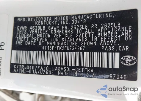 2014 Toyota Camry L z USA, uszkodzony, nr VIN 4T1BF1FK2EU734267